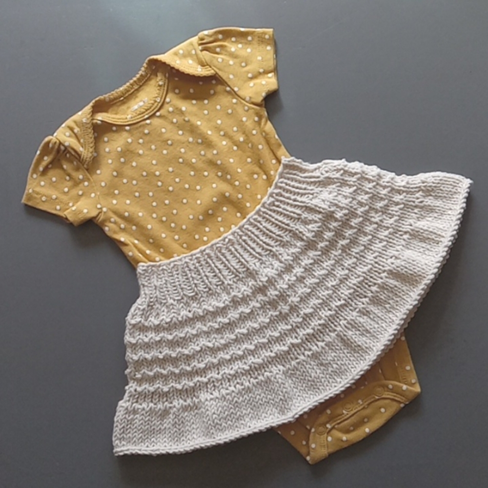 Hand Crafted Handknit Ivory Textured Ruffle Baby Skirt & Onesie Set 6M